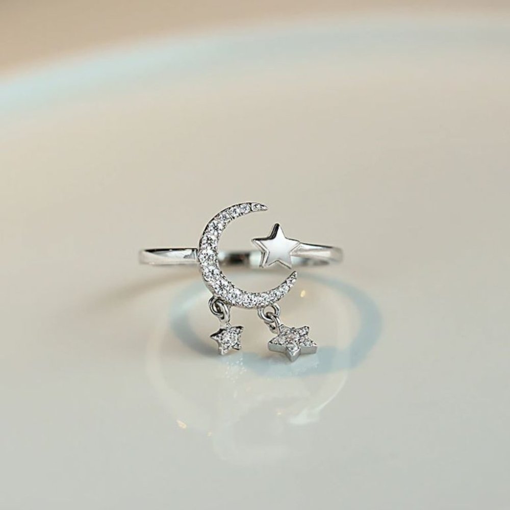 925 Sterling Silver Dangle Moon & Star Ring Minimalist Dainty Celestial … - Picture 2 of 7